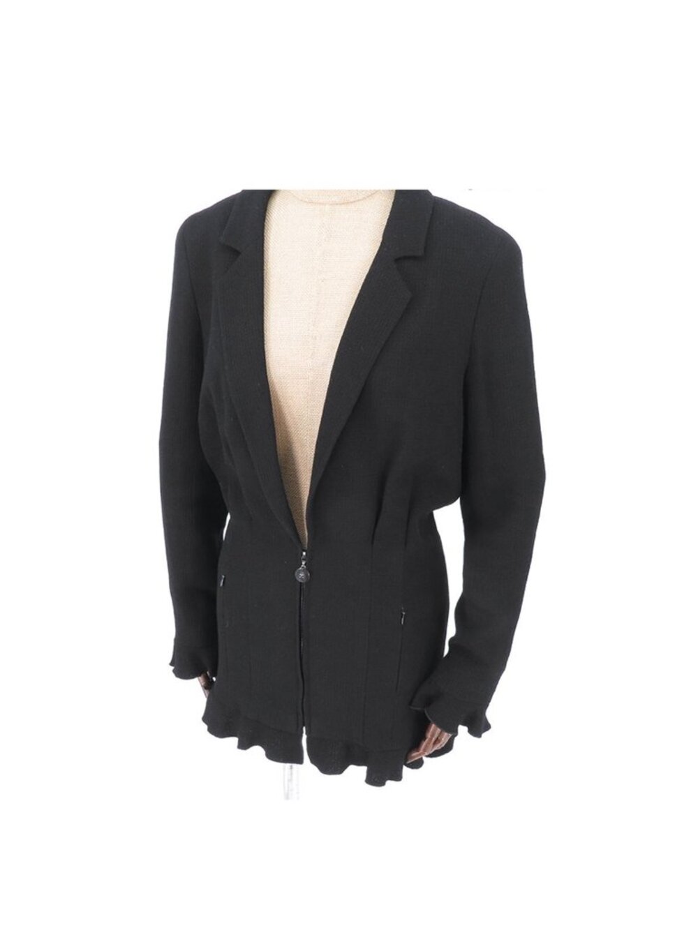 Chanel Ruffle Jacket CC Logo Front Zip Black Wool Rayon Tailored 38